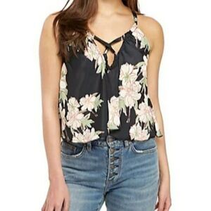Intimately Free People Line Up Floral Satin Crossover Tie Halter Top in Black XS